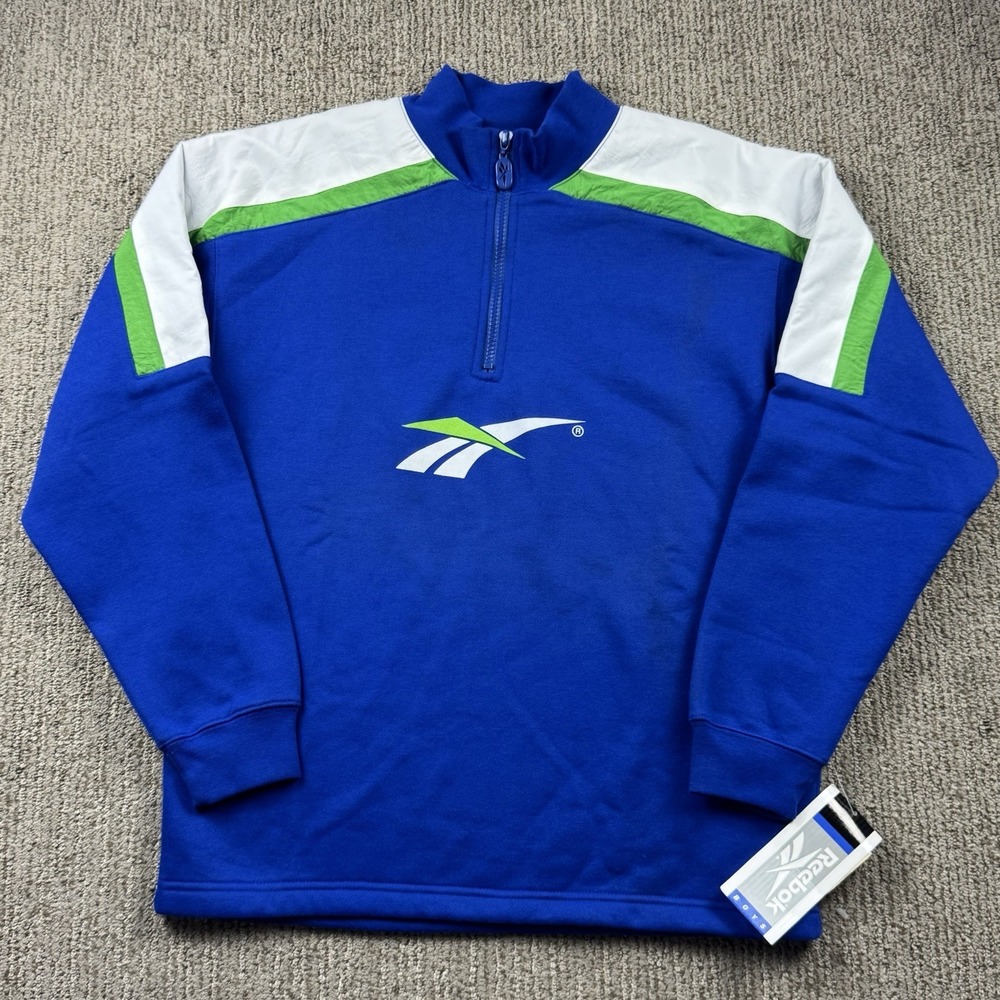 VTG Reebok Youth Boys L Mens S Womens M 1/2 Zip Pullover Fleece Deadstock Blue